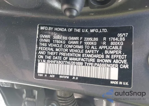 2017 Honda Civic Type R Touring из США, поврежденный, VIN SHHFK8G77HU201699